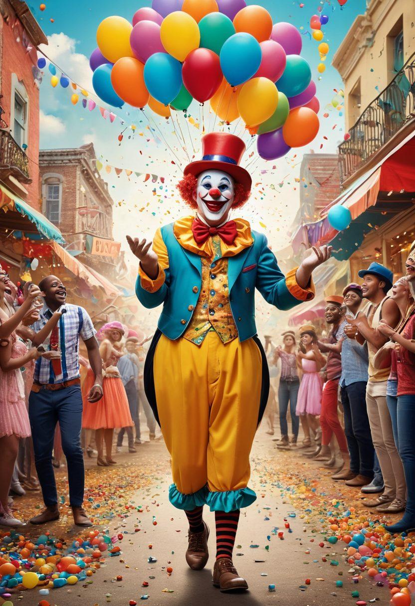A vibrant carnival scene filled with people laughing and enjoying life, featuring colorful balloons and joyful street performers showcasing playful antics. Include whimsical elements like oversized clowns, funny hats, and playful animals to capture the essence of sacanagem humor. Set against a bright, cheerful background infused with confetti and laughter. super-realistic. vibrant colors. festive atmosphere.