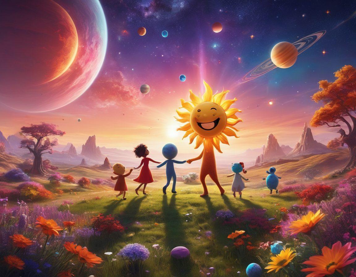 A whimsical scene of a vibrant universe filled with colorful planets and sparkling stars, featuring playful characters engaging in fun activities like dancing and playing games. Include a giant smiling sun casting warm light over a dreamy landscape filled with laughter and joy. Illustrate a sense of adventure and excitement, inviting viewers to explore this joyful realm. fantasy art. vibrant colors. 3D.