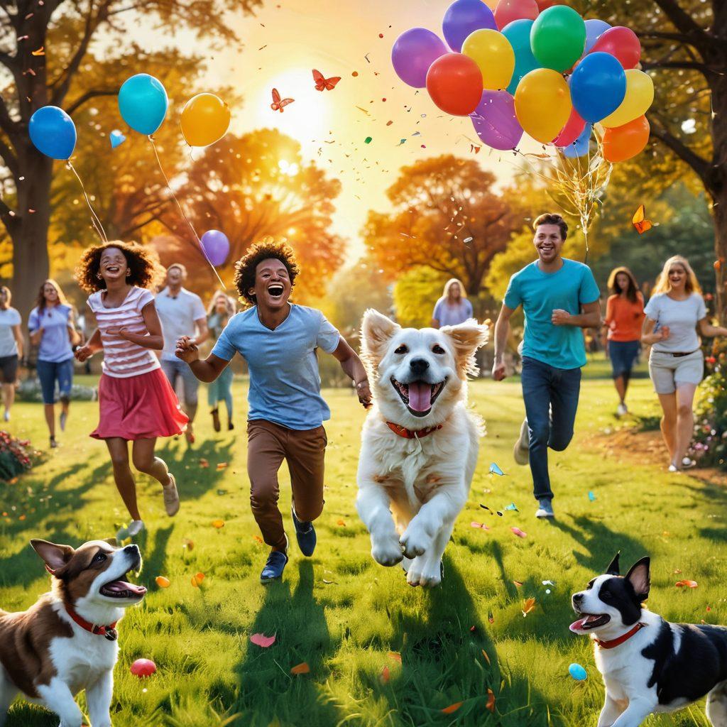 A whimsical scene featuring a diverse group of people laughing heartily in a park, surrounded by colorful balloons and confetti, with a playful puppy running through the grass chasing a butterfly. The background showcases a vibrant sunset, adding warmth to the scene. Emphasize joyful expressions to highlight the essence of laughter and humor. cartoon style. vibrant colors. cheerful atmosphere.